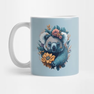 Cute smiling Koala bear with florals and foliage t-shirt design, apparel, mugs, cases, wall art, stickers, travel mug Mug